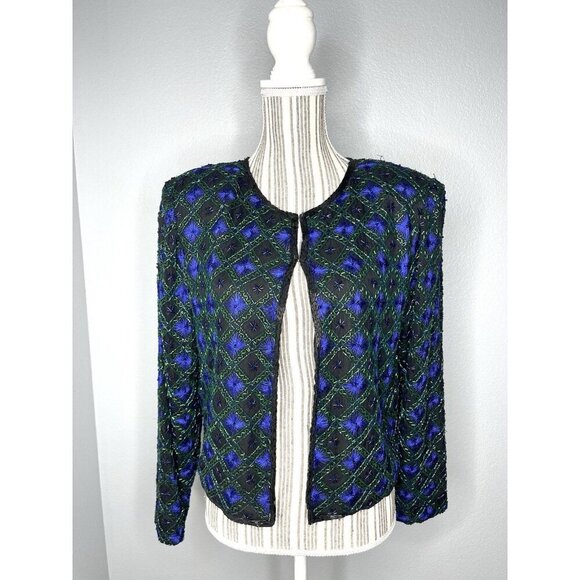 Lawrence Kazar Cardigan Beaded Sequin Vintage 80s Silk Womens Large Purple - Picture 1 of 5